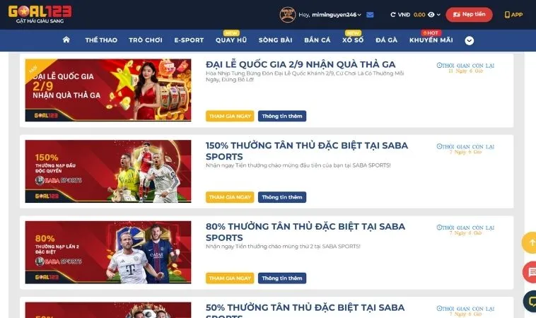 Vô vàn các chương trình Khuyến mãi tại Goal123 hấp dẫn tặng hội viên