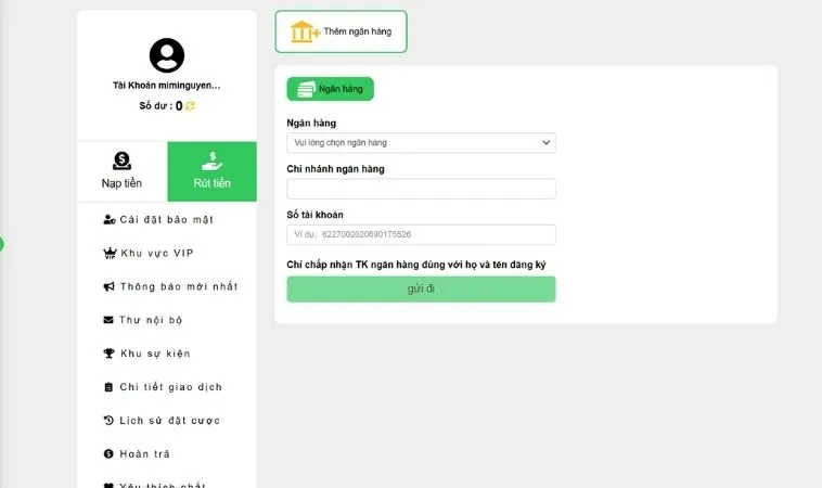 Giao diện rút tiền Goal123