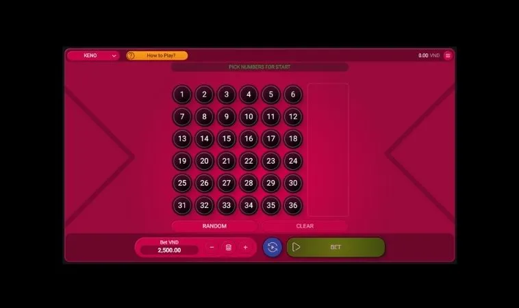 Giao diện chơi game nhanh Keno tại Goal123